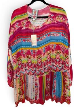 Johnny Was Porcelain Ruffle Blouse NWT XXL Cupra Rayon Boho Multi-Color